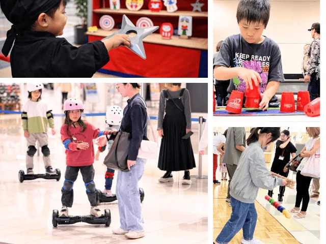 子供たちが屋内イベントで多様な遊びに興じる様子。忍者の手裏剣投げ、カップスタッキング、ヘルメットとプロテクターを装着してホバーボードに乗る子供たち、そしてカラフルな積み木で遊ぶ若者の姿が見られます。