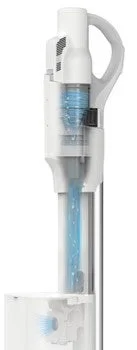 白い家電製品の内部構造を示した画像です。透明な部分から青い粒子が循環する様子が見え、サイクロン式の掃除機や空気清浄機の吸引・清掃メカニズムを表現しているようです。