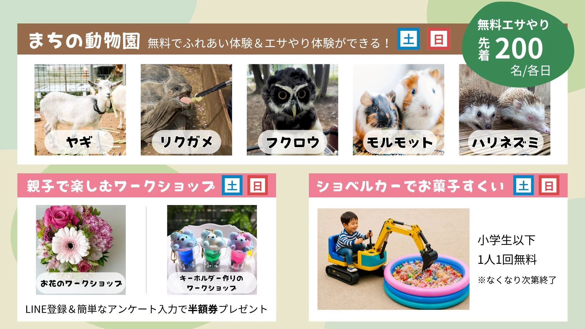 ふれあい動物園、ワークショップ、お菓子つかみ取りの告知