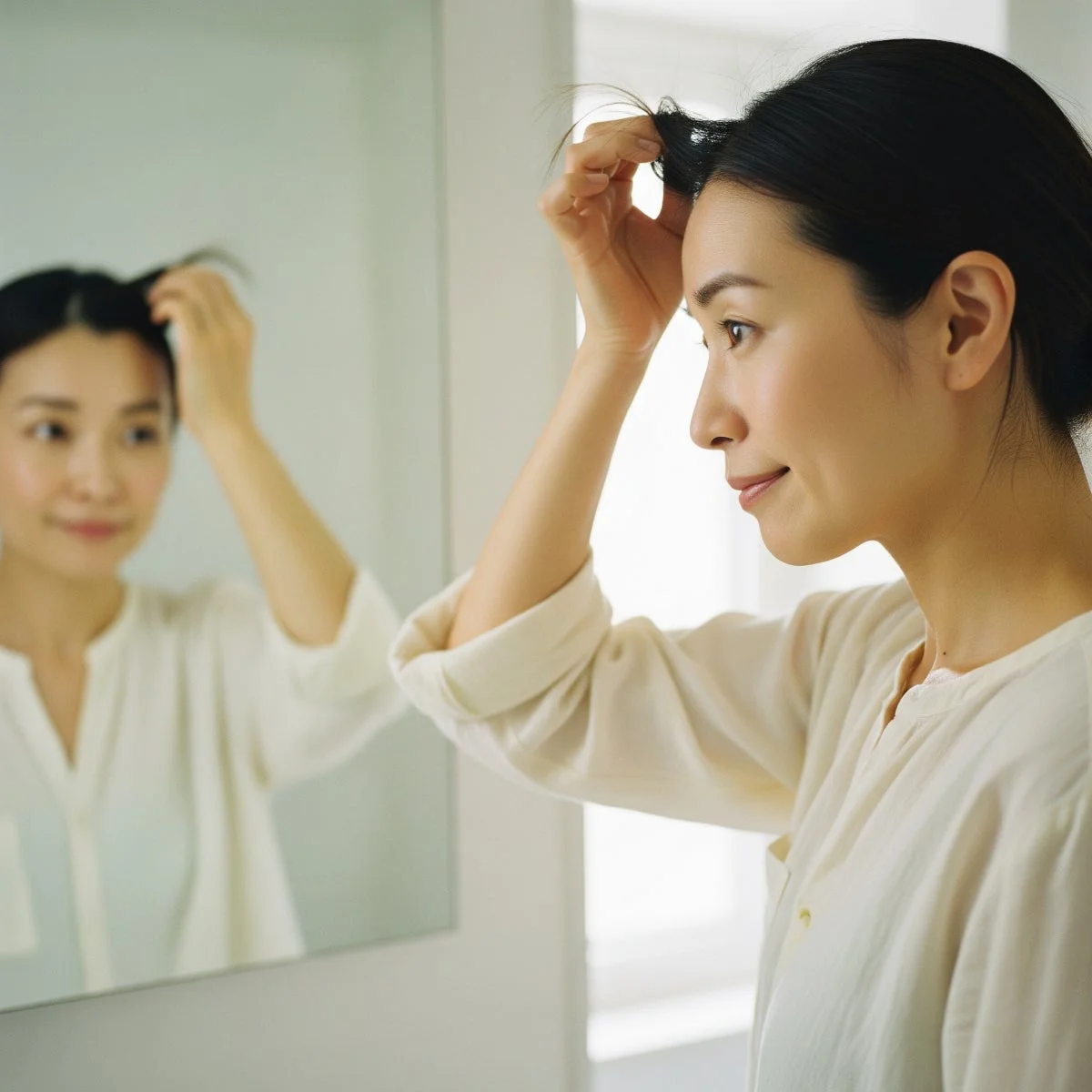 洗面所で髪を整える女性の画像