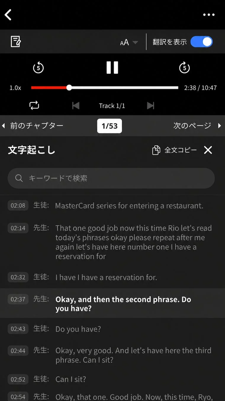 文字起こし機能の詳細画面