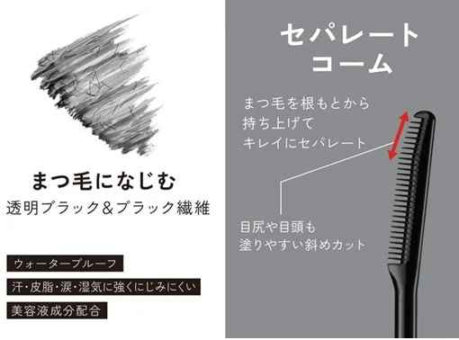 まつ毛になじむ透明ブラック&ブラック繊維と、ウォータープルーフ効果、美容液成分配合を特長とするマスカラを紹介。セパレートコームにより、まつ毛を根元から持ち上げ、目尻や目頭も塗りやすい斜めカットでキレイにセパレートできることを説明しています。