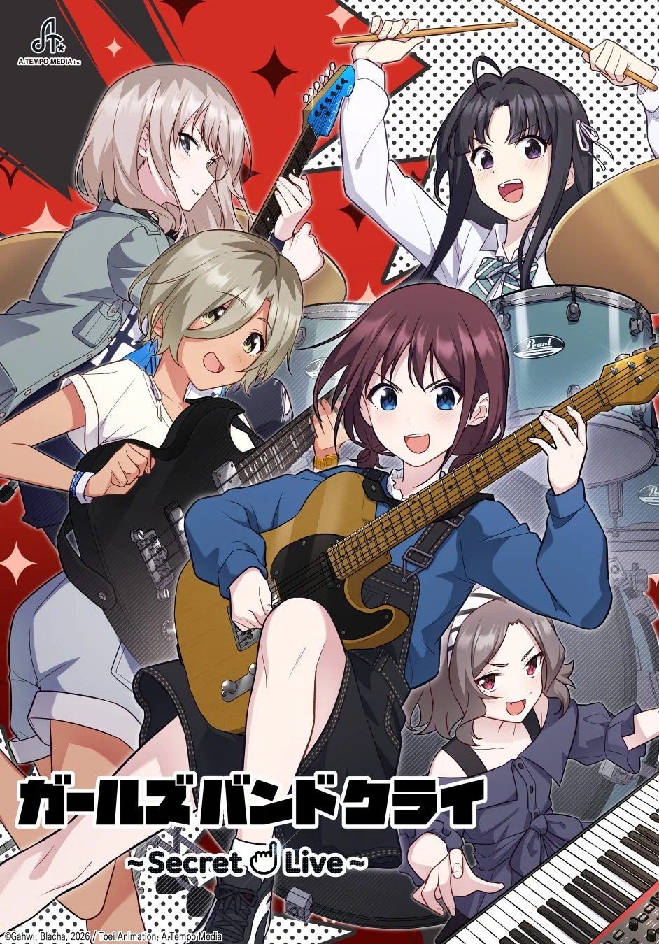 5人のアニメ調の少女たちがバンドを組んで演奏しているイラスト。