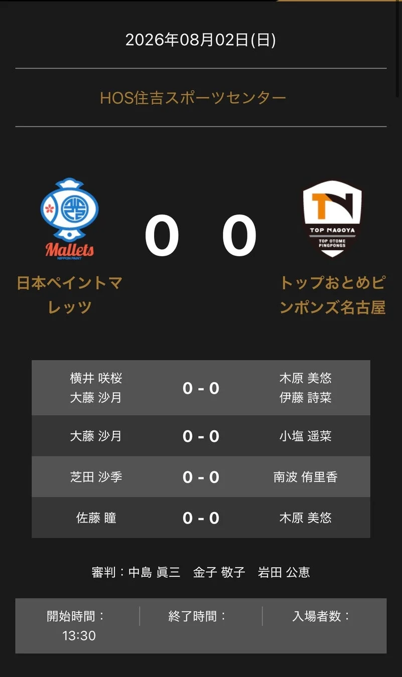 ノジマTリーグ 2026-2027 公式戦 日本ペイントマレッツ vs トップおとめピンポンズ名古屋 対戦オーダー