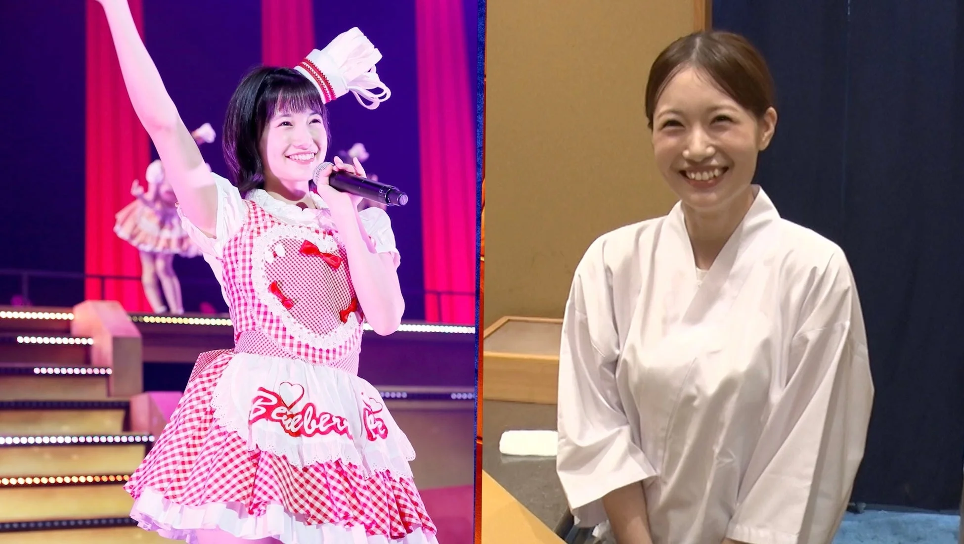 アイドル衣装と寿司職人姿の女性の画像