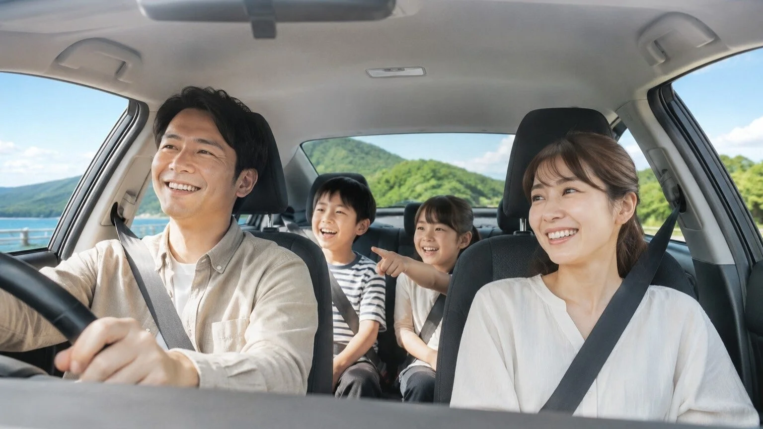 家族4人が車でドライブを楽しんでいる様子です。父親が運転し、母親と2人の子供も後部座席で笑顔を見せており、窓の外には山と水辺の景色が広がっています。和やかな家族旅行の瞬間を捉えた一枚です。