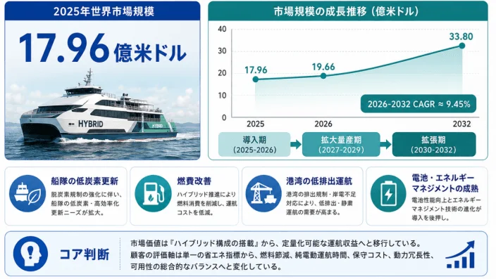 ハイブリッド船の世界市場規模の予測と成長要因を示すインフォグラフィック