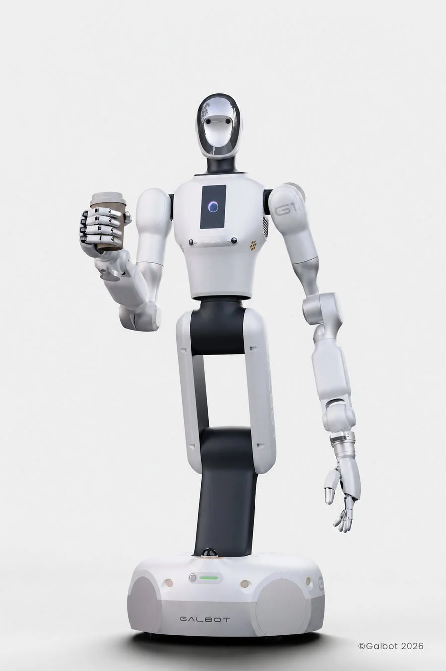 白と黒を基調としたスタイリッシュなヒューマノイドロボットが、片手にコーヒーカップを持って立つ姿。未来的なデザインで、底部には「GALBOT」と記されている。