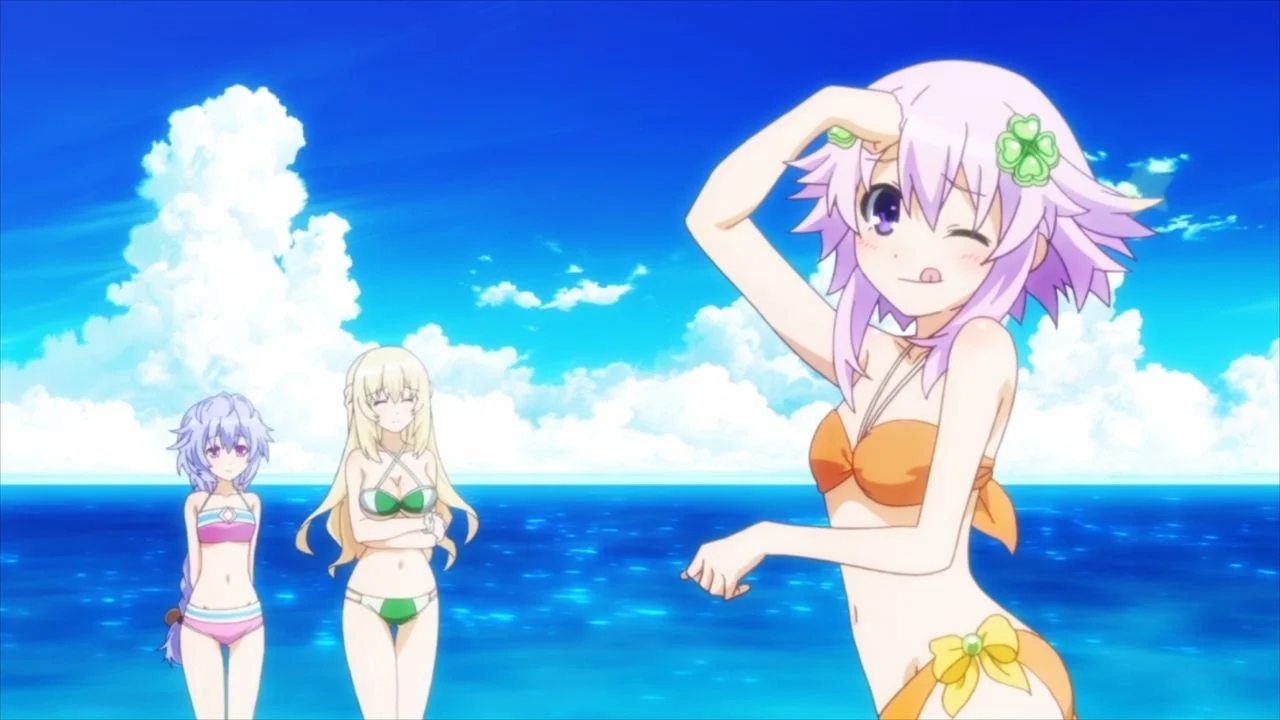 水着姿の3人のアニメの女の子がビーチで楽しんでいる様子