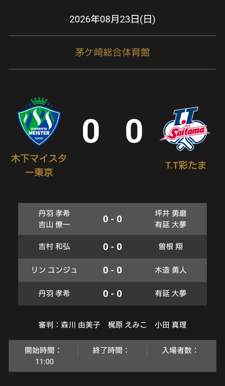 Tリーグ試合結果表示