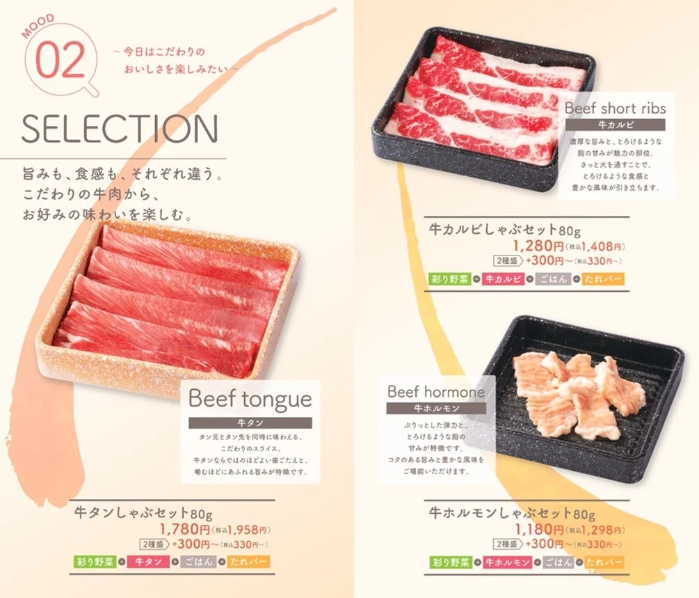 牛カルビ・牛ホルモン・牛タンしゃぶセットのメニュー
