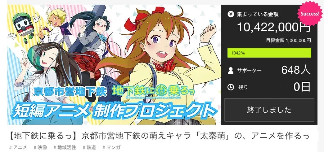 2016年、648名の支援で実現した「地下鉄に乗るっ」の短編アニメ