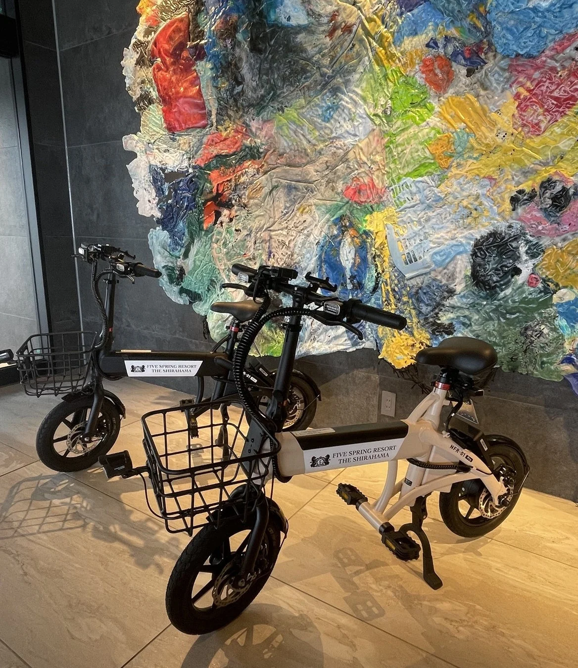 カラフルな抽象アートが飾られた壁を背景に、3台の電動自転車が並んでいます。おそらくリゾート施設で貸し出されている自転車で、移動手段として利用できます。