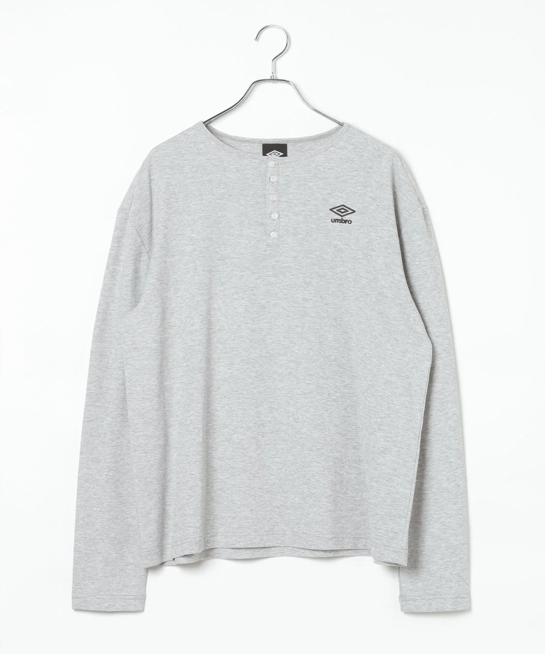 グレーのヘンリーネック長袖Tシャツ