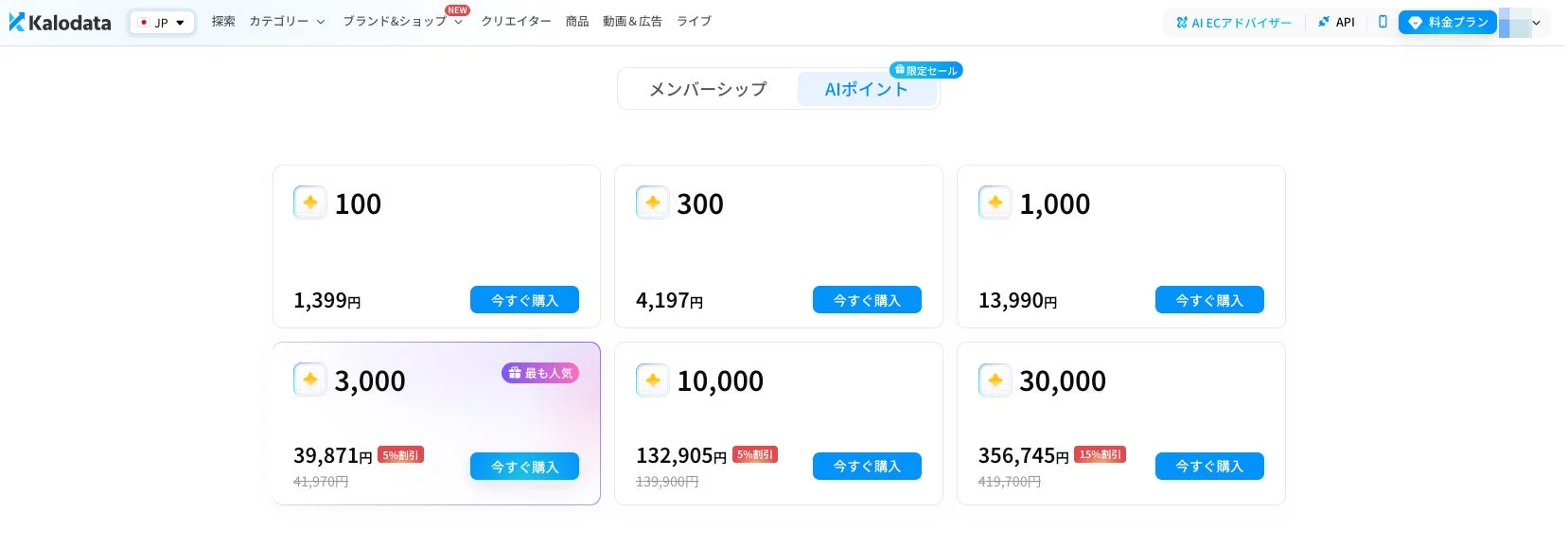Kalodata AIポイント料金プラン