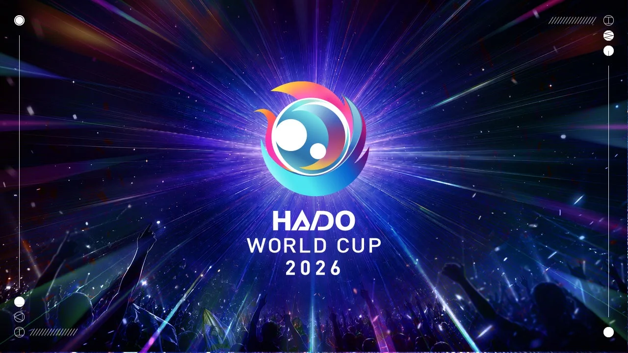 HADO WORLD CUP 2026のロゴが中央に配置され、鮮やかな光線が広がる未来的な背景の画像です。下部には手を挙げる観客のシルエットがあり、エネルギッシュなイベントの雰囲気を伝えています。