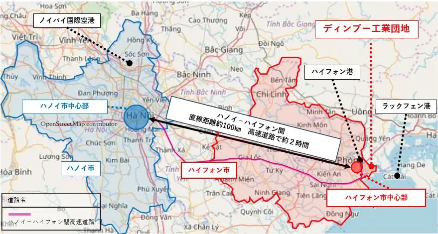 ベトナムの主要都市と物流拠点を示す地図