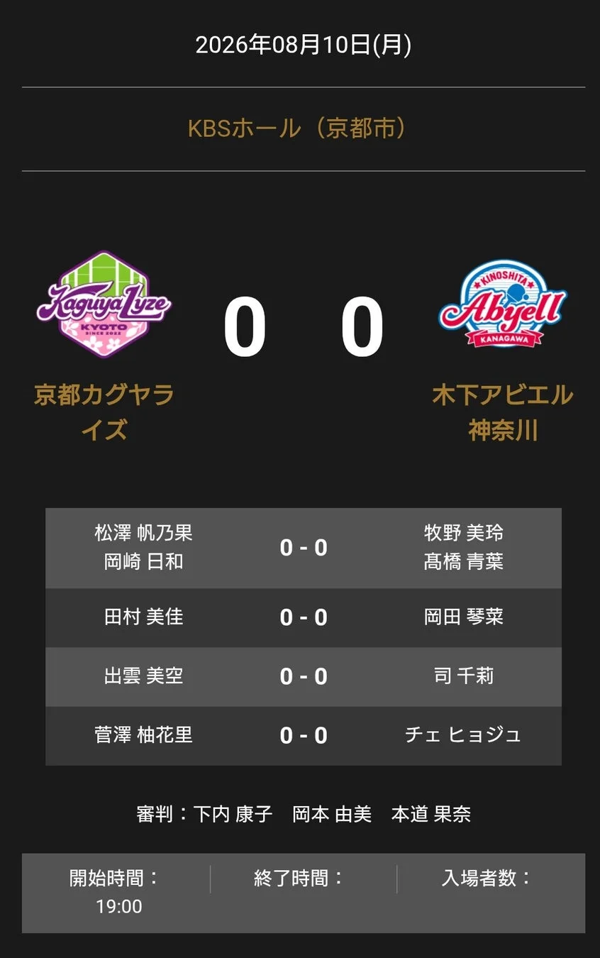 ノジマTリーグ 2026-2027シーズン 公式戦 8月10日開催 京都カグヤライズ vs 木下アビエル神奈川 オーダー発表