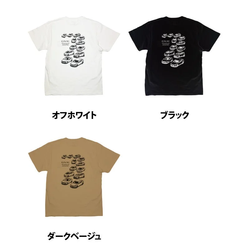 歴代のホンダ シビックがデザインされたTシャツが、オフホワイト、ブラック、ダークベージュの3色で紹介