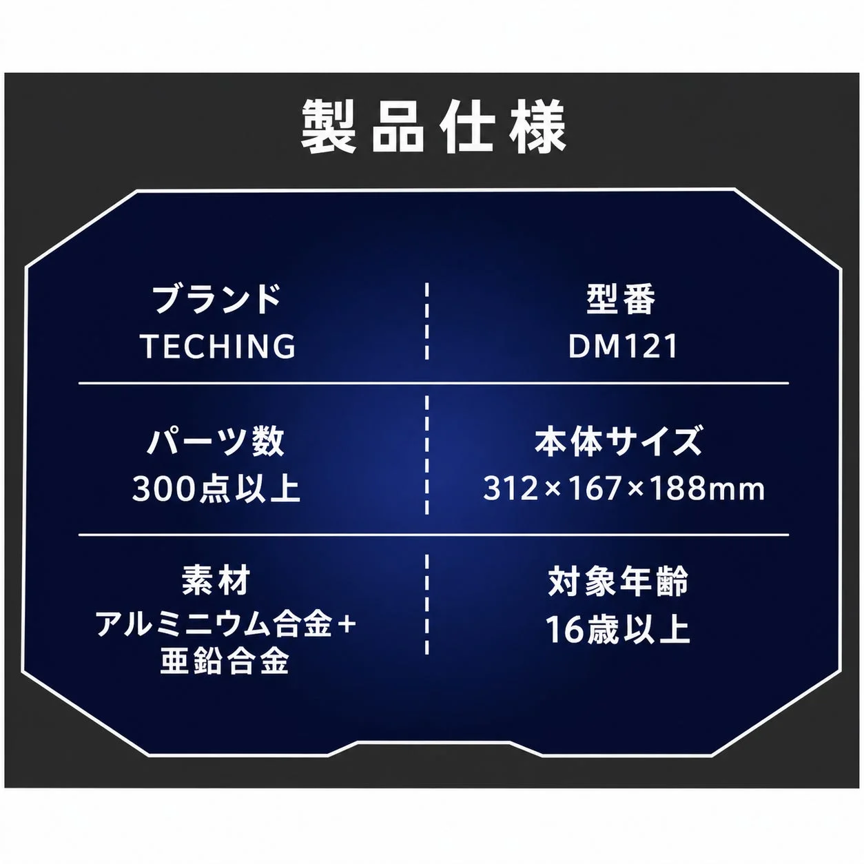 TECHINGブランドの製品「DM121」の仕様を示した画像です。