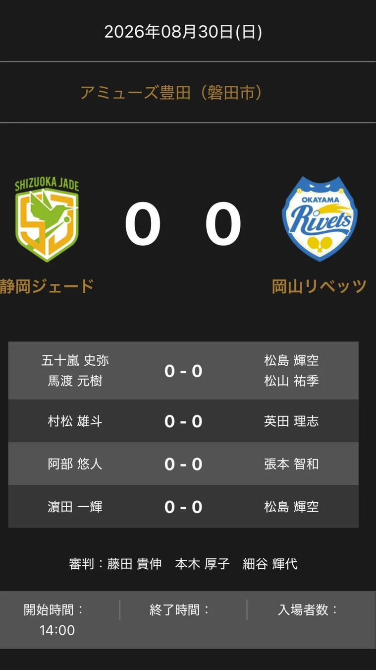 静岡ジェードvs岡山リベッツ 対戦オーダー