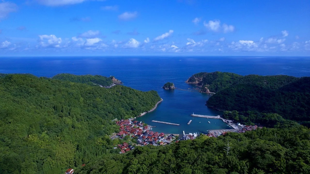 緑豊かな山々に囲まれた湾に広がる小さな集落を空から捉えた美しい風景