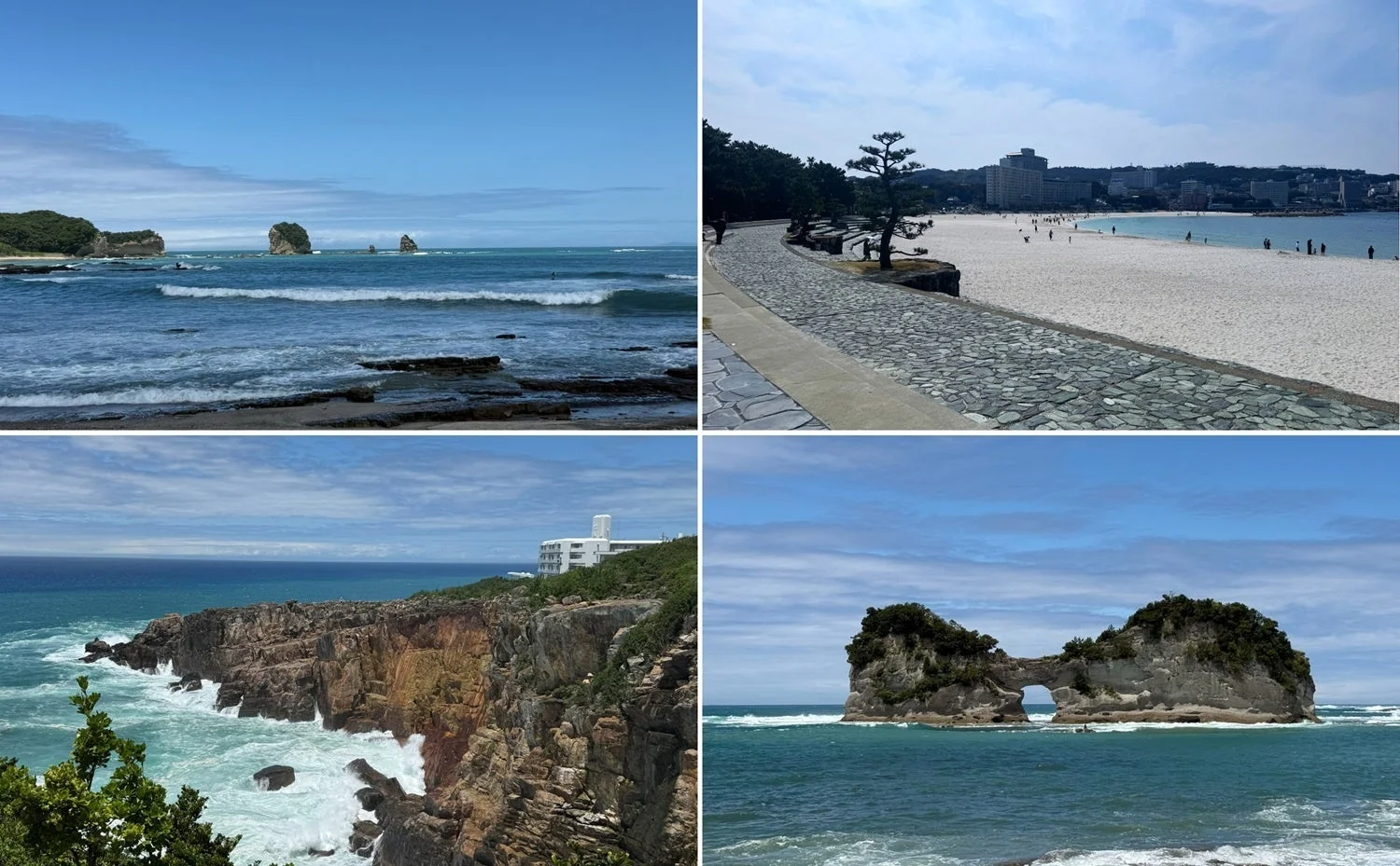 この画像は、青い海と空が広がる様々な海岸風景を捉えています。砂浜のビーチ、波打ち際の岩場、荒々しい断崖絶壁、そして特徴的な奇岩が見られ、自然豊かな海の景色が魅力です。