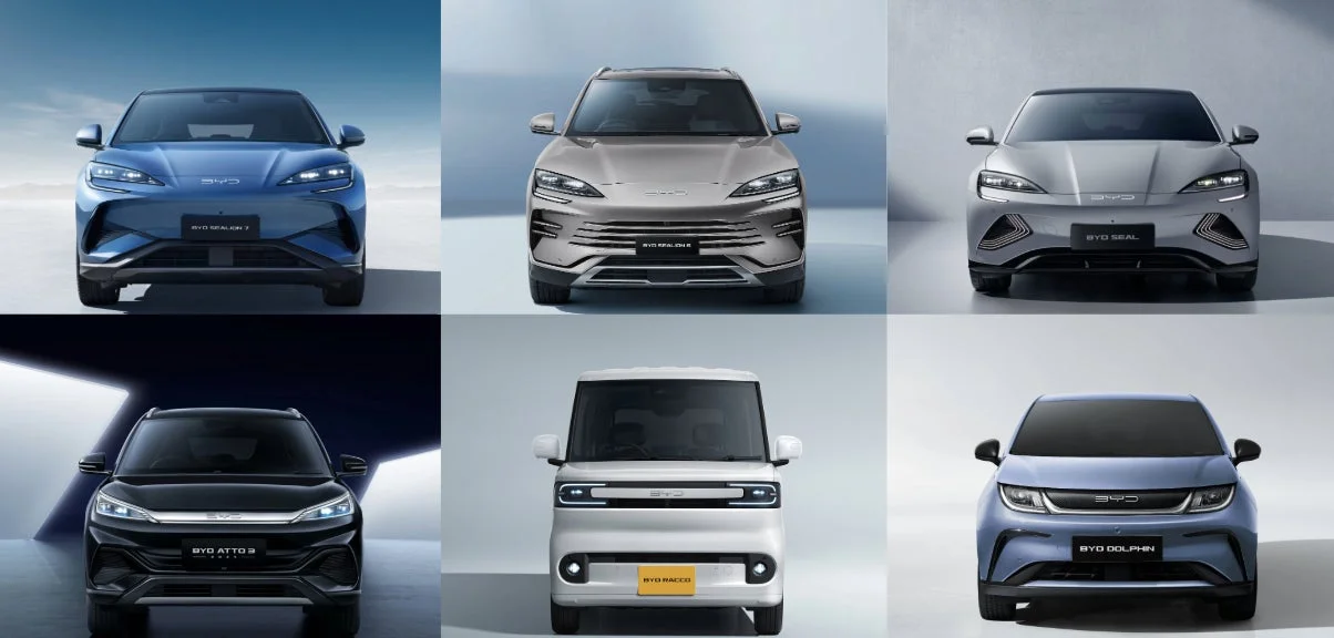 BYDの様々な車種が正面から写された画像