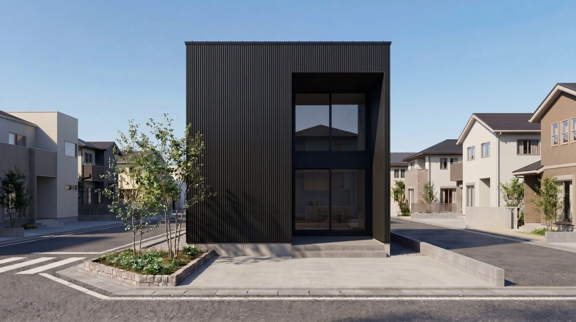 青空の下、黒いキューブ型のモダンな住宅が日本の閑静な住宅街に建っています。