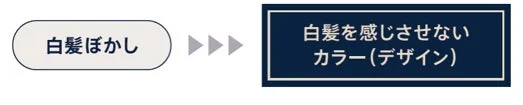 白髪ぼかしの技術が、白髪を感じさせないカラーリングやデザインへと繋がるプロセスを示した図です。