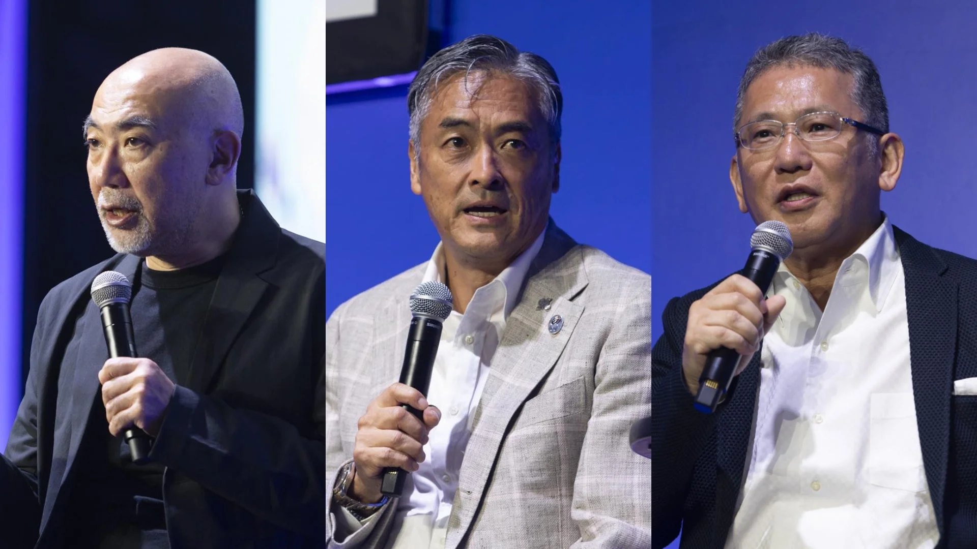 マイクを持ってスピーチをしている3人の男性のクローズアップ画像です。彼らはビジネスイベントや会議でプレゼンテーションを行っているように見えます。