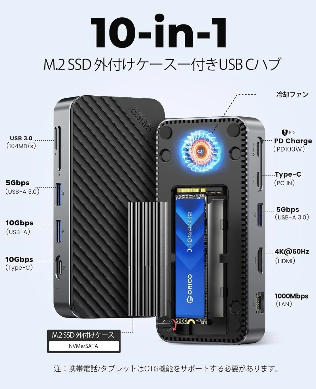 ORICO 10-in-1 M.2 SSD ドックのポート一覧