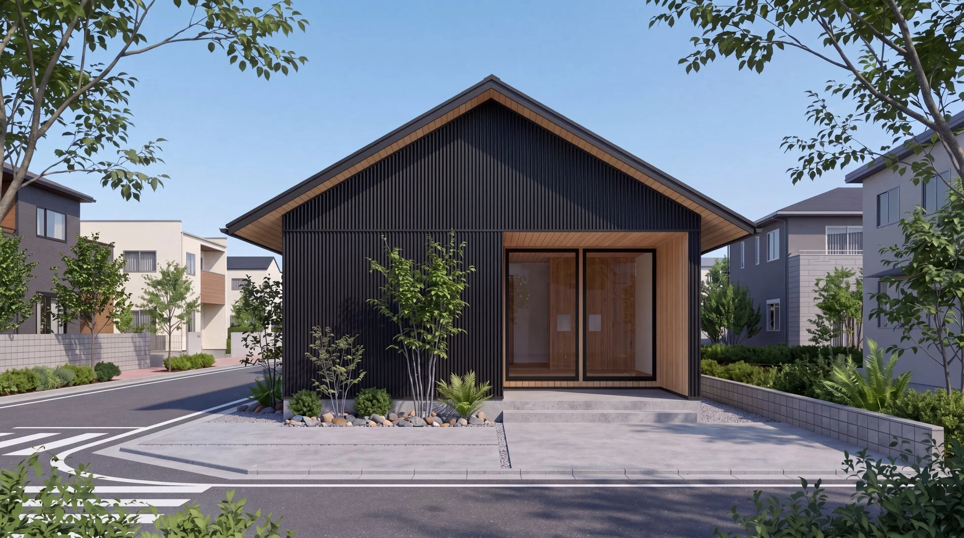 黒い外壁と木目調の玄関が特徴的な、現代的なデザインの一戸建て住宅。