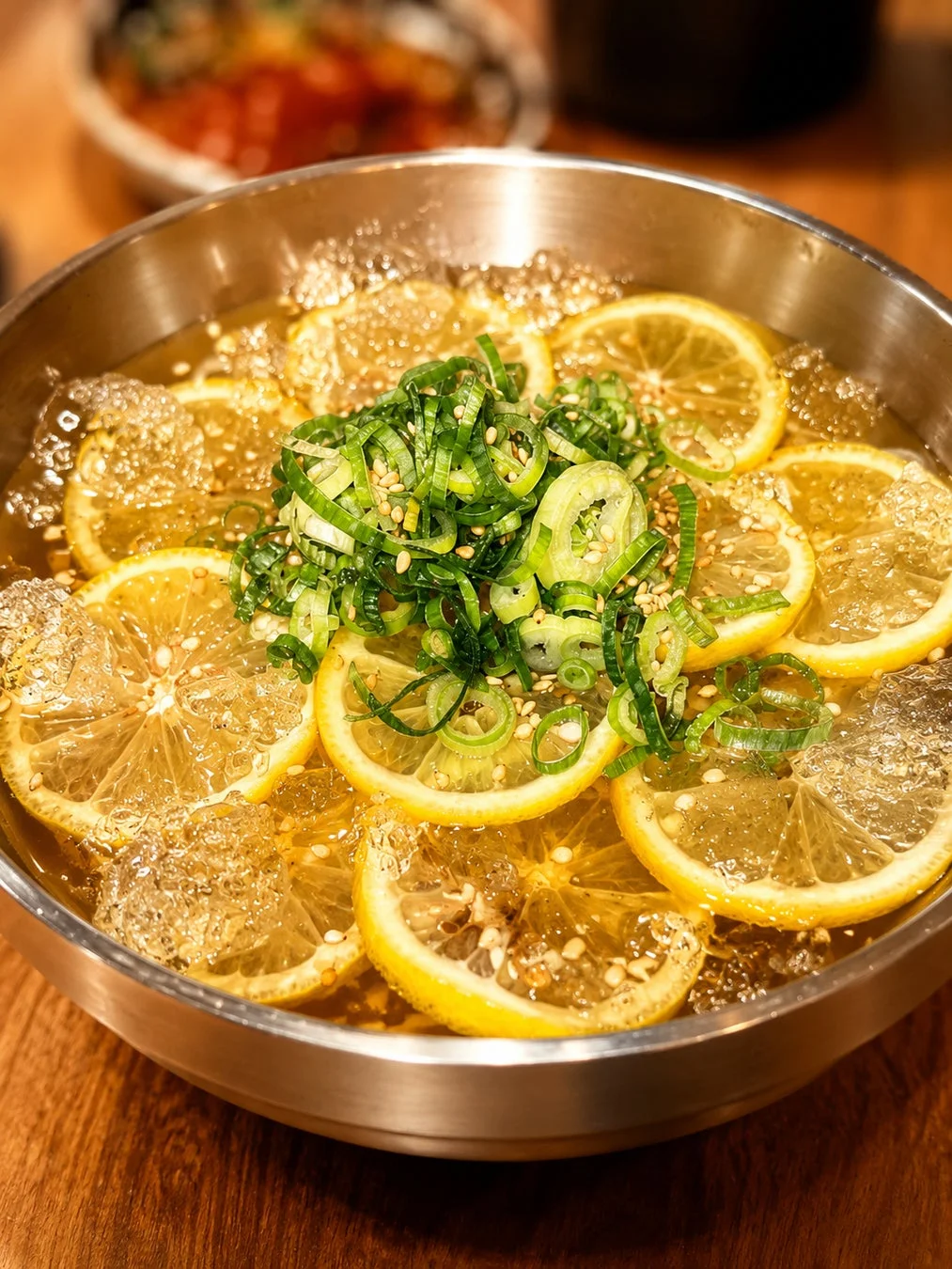 ステンレスの器に盛られたレモン冷麺