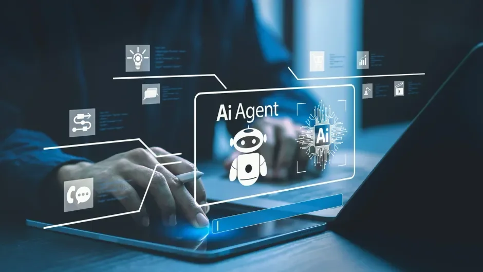 人物がAIエージェントのホログラフィックインターフェースを操作している様子