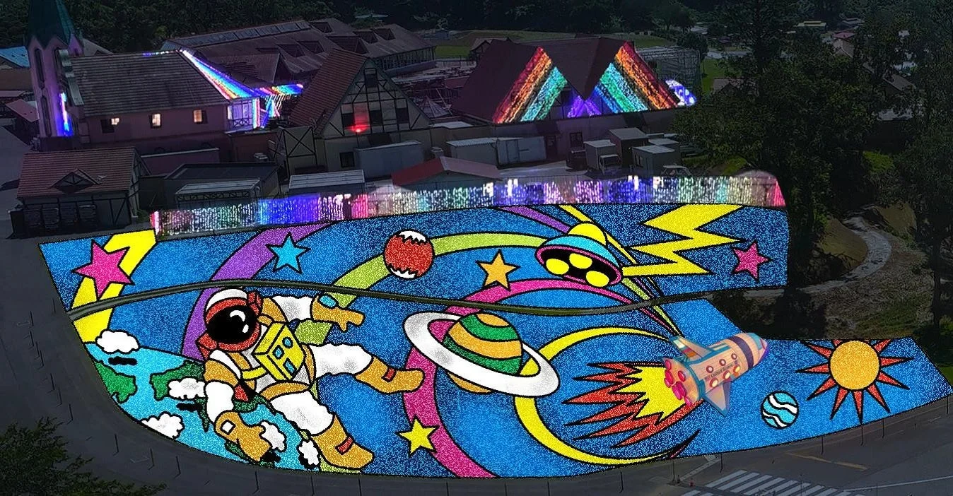 イルミネーション,宇宙,宇宙飛行士,ロケット,UFO,惑星,星,夜景,カラフル,屋外ディスプレイ,イベント,光の祭典