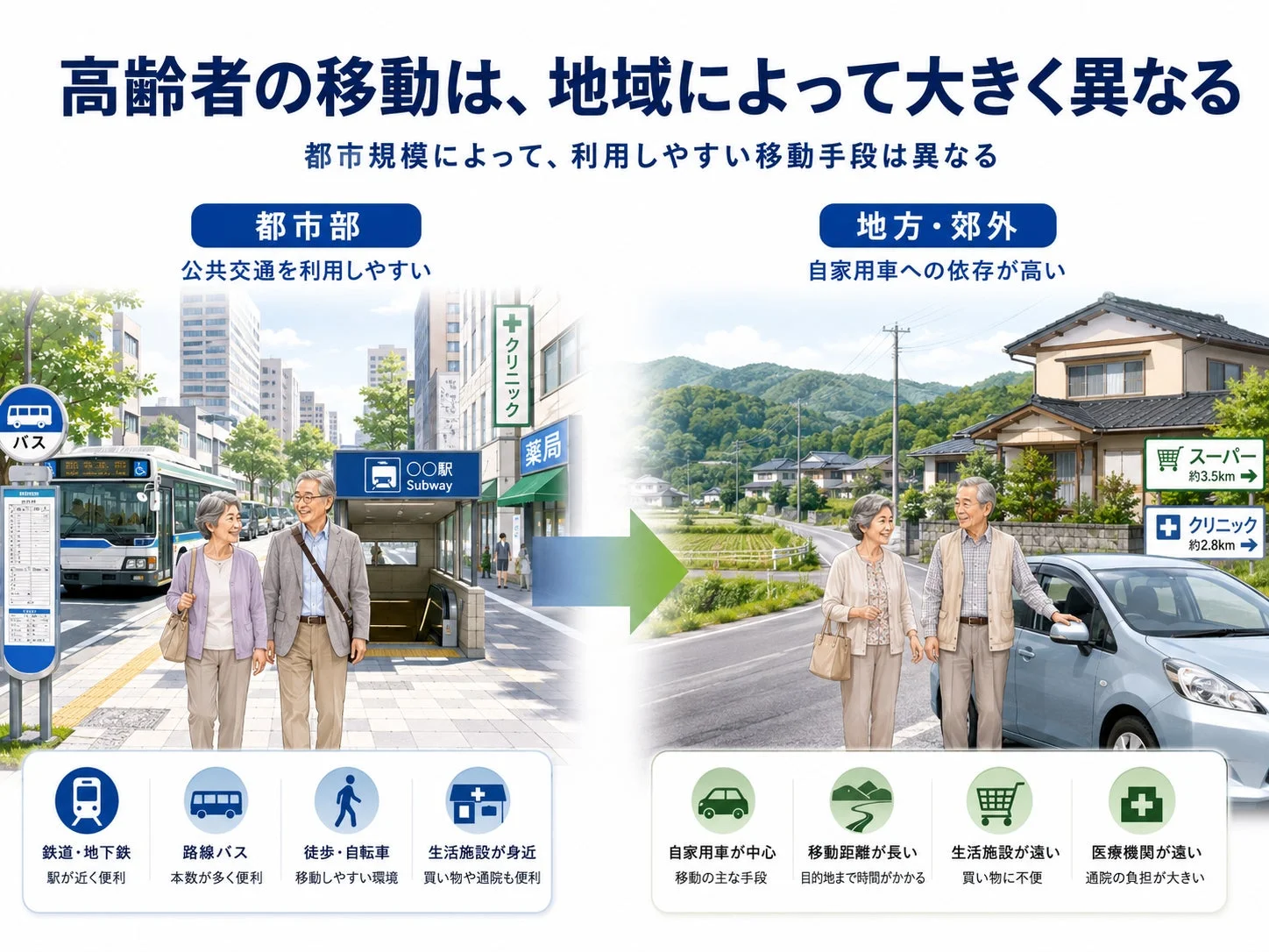 高齢者の移動は、地域によって大きく異なる