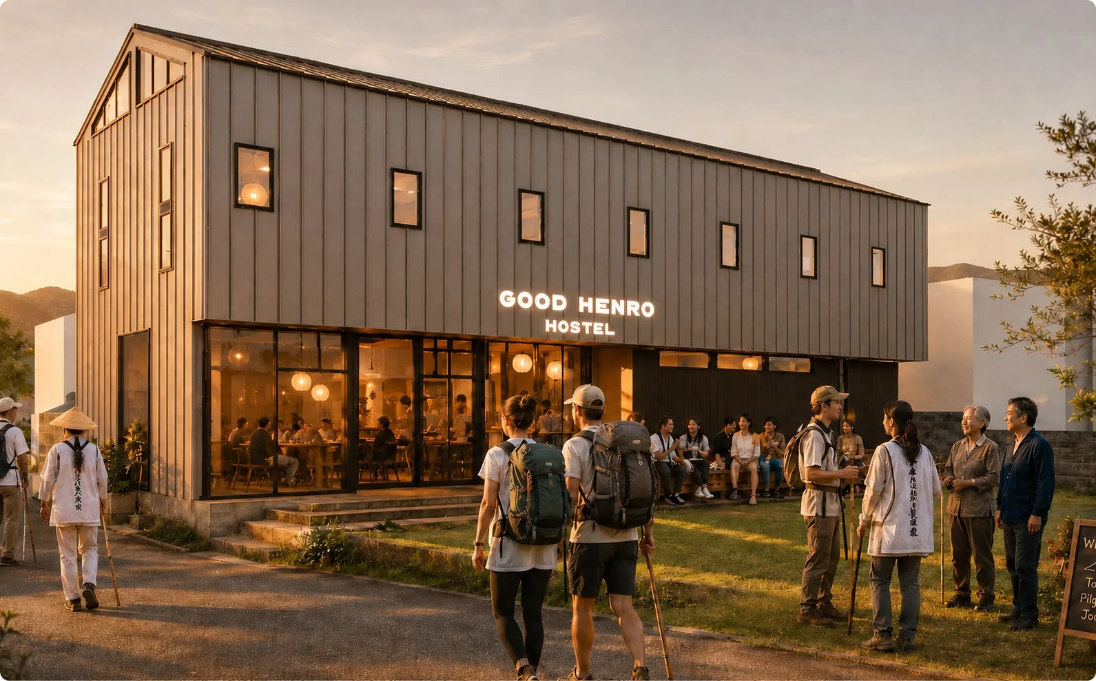 「GOOD HENRO HOSTEL」というモダンなホステルの前に、巡礼者や旅行者らしき人々が集まっています。