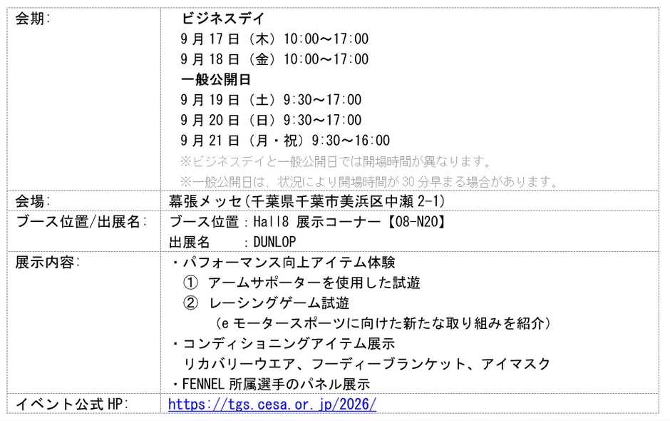 東京ゲームショウ2026 DUNLOPブース詳細