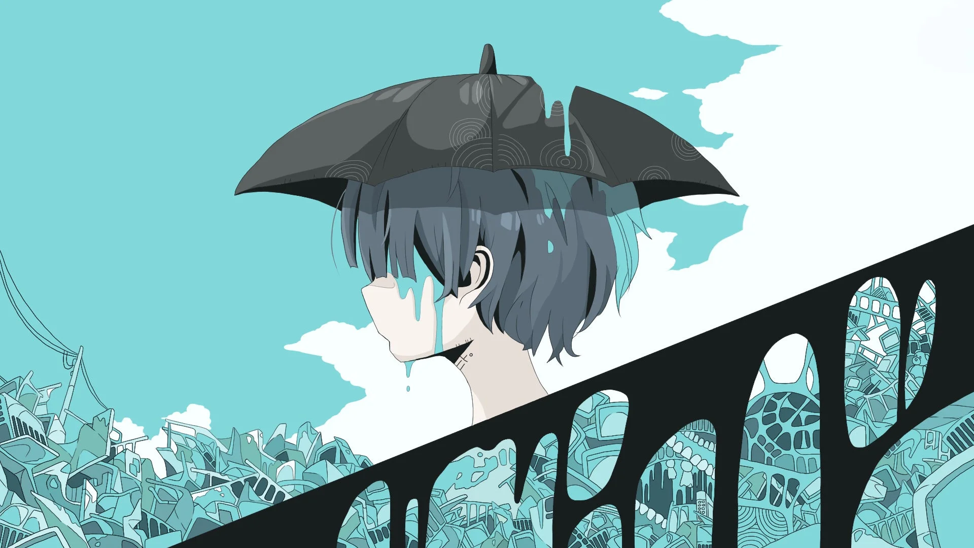 傘を差す少年と廃墟の街並みが描かれたイラスト