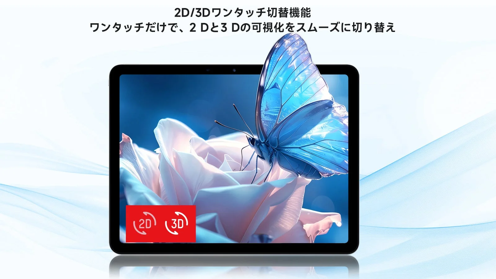 2Dと3D表示をワンタッチで切り替えられる機能を持つタブレットの広告画像です。画面には立体的な青い蝶とバラが鮮やかに表示されています。