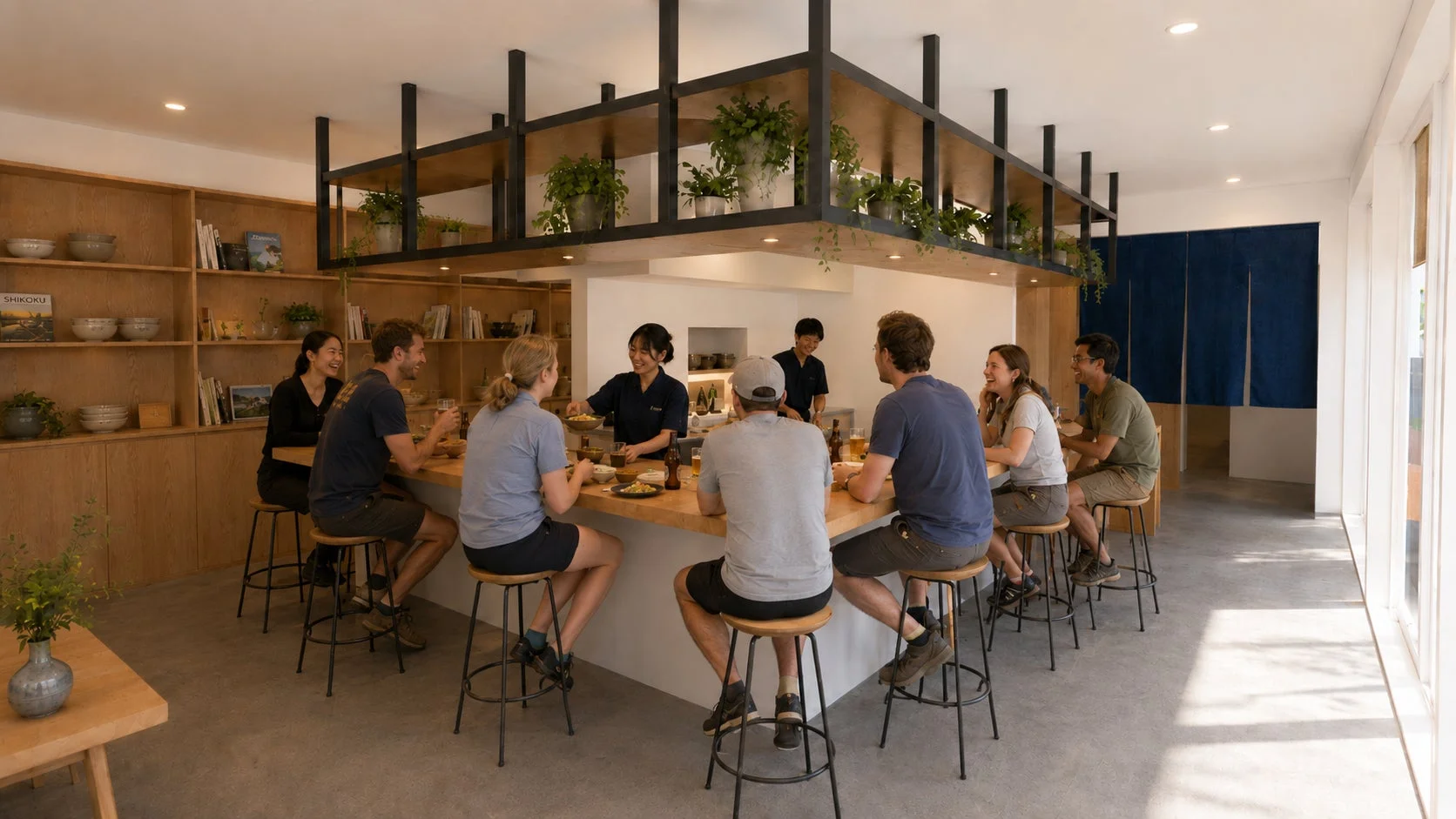 明るくモダンなレストランで、人々がカウンター席に座り、食事や会話を楽しんでいます。