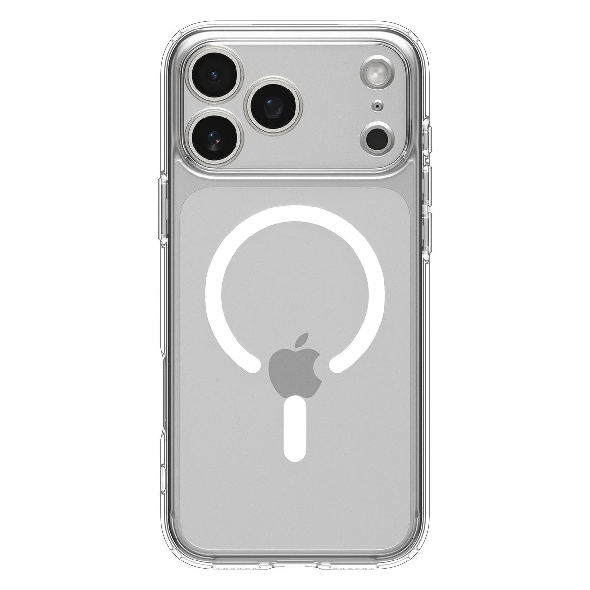 透明なiPhoneケースの背面を写した画像です。ケースにはMagSafe対応の白いリングとAppleロゴがデザインされており、カメラ部分もくり抜かれています。