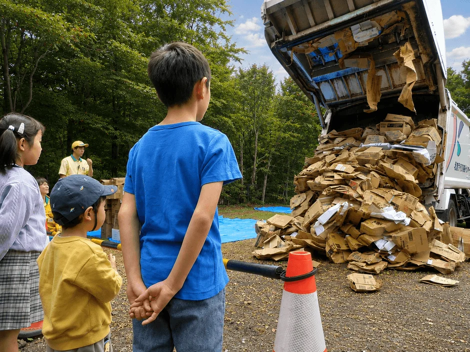 子供が資源回収車を見学する様子