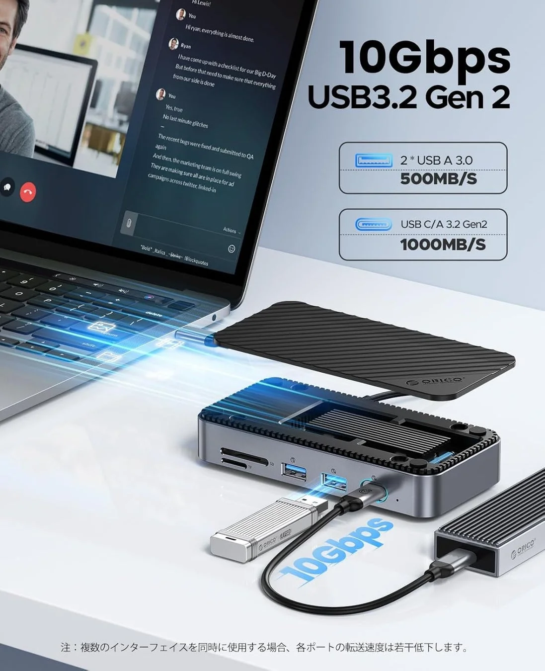 ノートPCに接続されたORICO製多機能USBハブ
