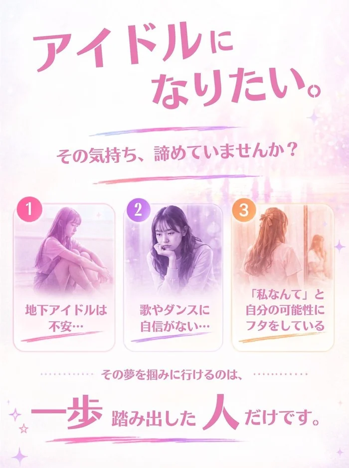 「アイドルになりたい」という夢を持つ人々へ、地下アイドルへの不安や自信のなさ、自己肯定感の低さといった悩みを提示し、その夢を掴むためには「一歩踏み出す」ことが重要だと訴えるメッセージ画像