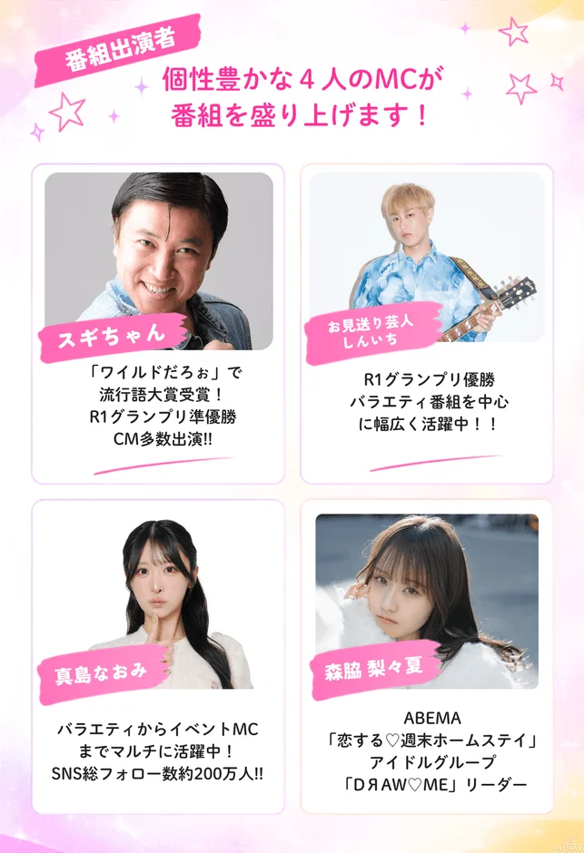 番組を盛り上げる個性豊かな4人のMC、スギちゃん、お見送り芸人しんいち、真島なおみ、森脇梨々夏を紹介する画像