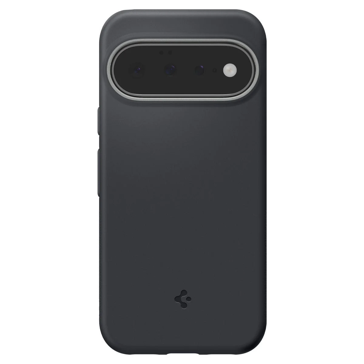ダークグレーのスマートフォン保護ケースの画像です。背面にはカメラバーに対応した開口部があり、下部にはブランドロゴが見えます。シンプルでマットな質感のデザインが特徴です。