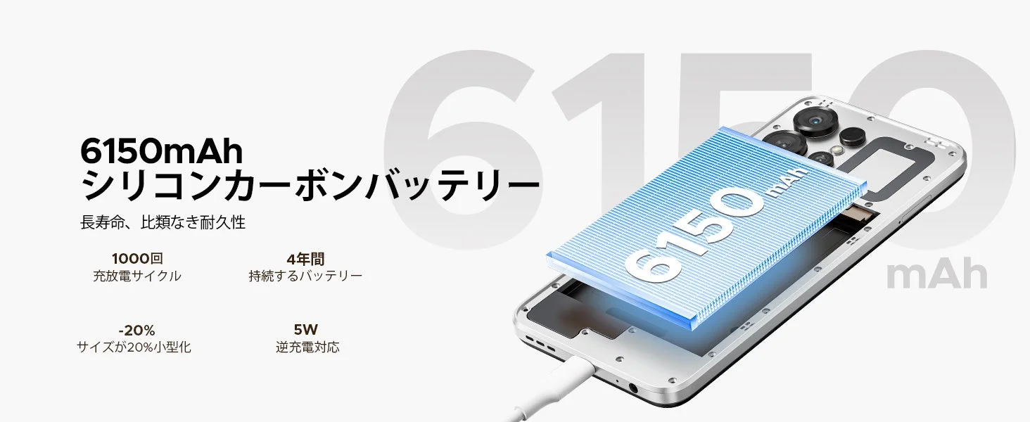 6150mAhの大容量シリコンカーボンバッテリー