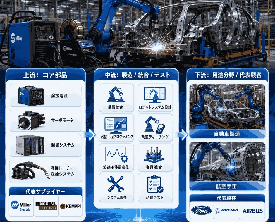 産業用ロボット溶接のバリューチェーンを、コア部品、製造・統合・テスト、用途分野（自動車、航空宇宙）の3段階で図解。主要な要素と代表的な企業が示されています。